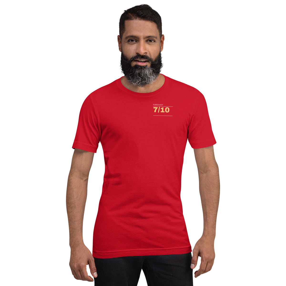 Pain Forecast T-shirt, Red, front: FORECAST 7/10 on the chest
